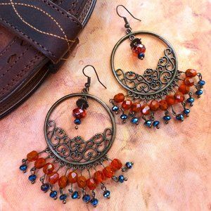 ⚜️Earrings Cobalt Tangerine Antique Bronze Boho Handcrafted